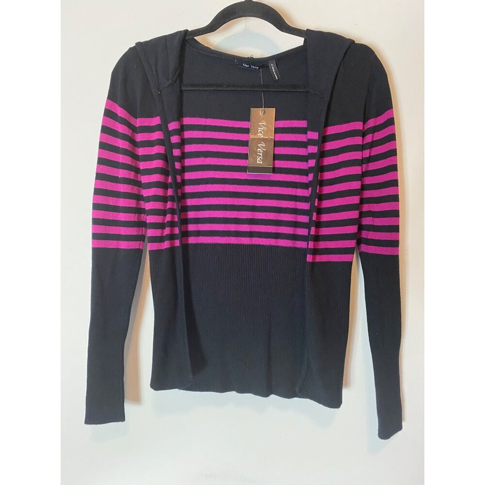 NWT Black Pink Stripe Vice Versa Hoodie Open Cardigan Sweater Long Sleeve XL
